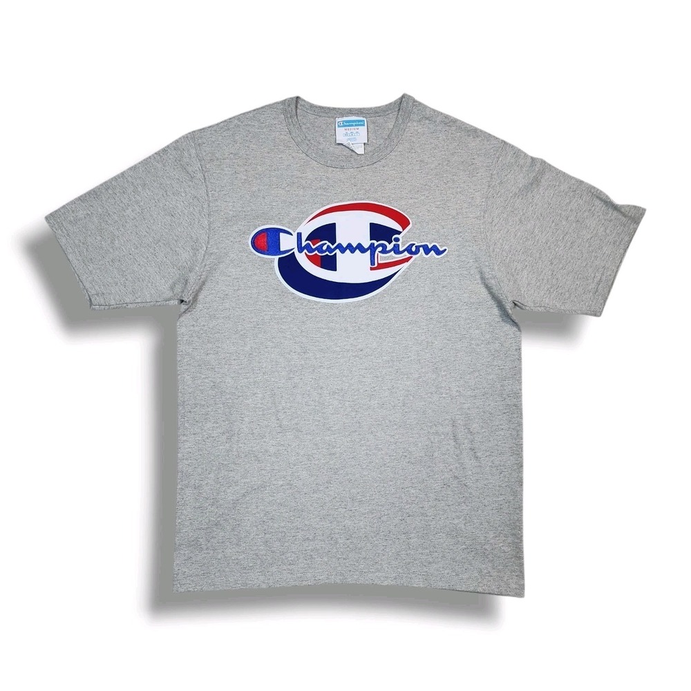 Champion Short Sleeve Crew Neck Big Logo Pullover‎ Gray T-Shirt Men's M